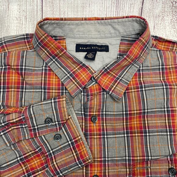 Banana Republic Mens Orange Gray Plaid Relaxed Oxford Button Down Dress Shirt XL - Picture 1 of 5